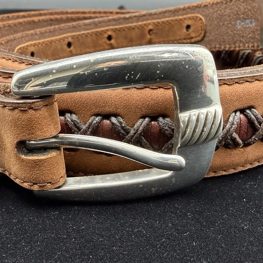 Brighton Onyx Mens Brown Leather Belt 42 Vintage Western Woven Braided Cord